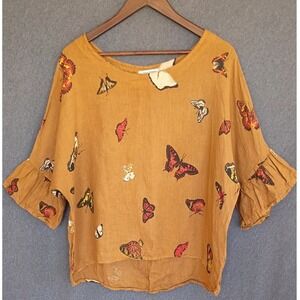 Viola Borghi Italy 100% Linen Butterfly Print Blouse Mustard Ruffle Bell Top M